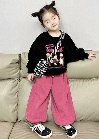 Chic Black O-Neck Kids Fleece Sweatshirt And Lantern Pants Two Pieces Set Spring TR002