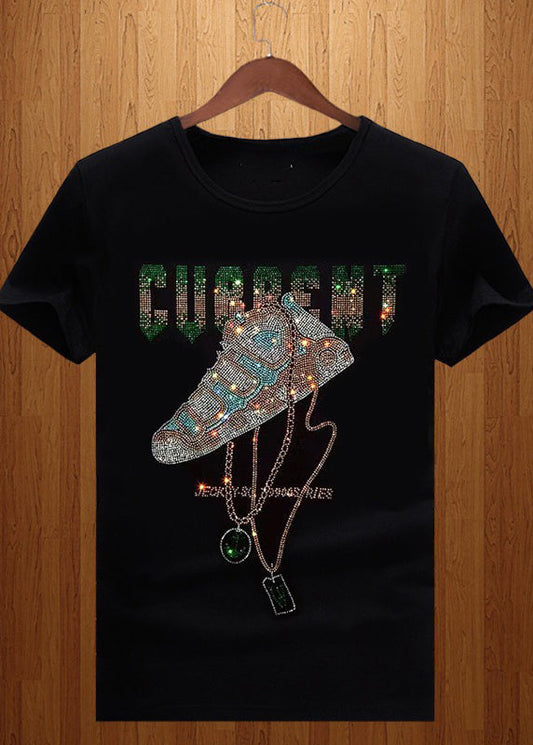 Cotton O Zircon Chic Neck Black Summer Men T Shirt