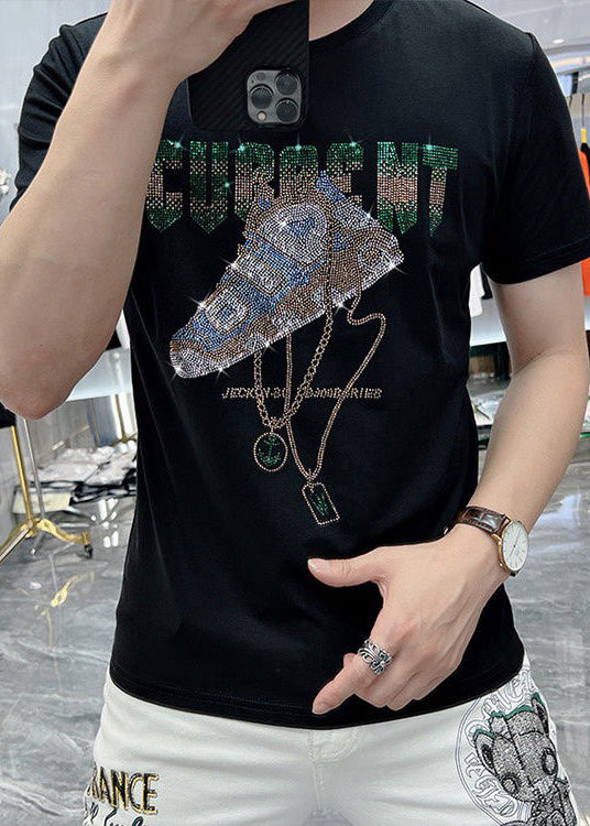 Cotton O Zircon Chic Neck Black Summer Men T Shirt