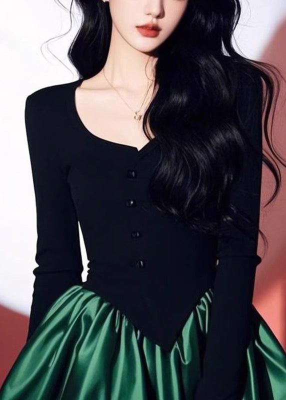 O-Neck Patchwork Black Spring Green Mid Dress Chic