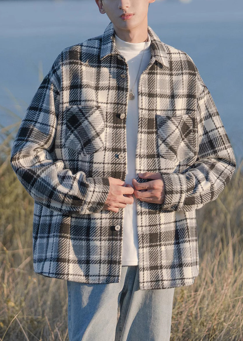 Button Shirts Pockets Men Plaid Coats Spring Chic Black Woolen