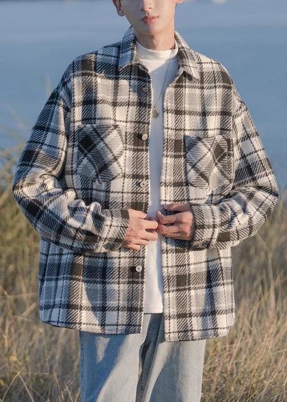 Button Shirts Pockets Men Plaid Coats Spring Chic Black Woolen