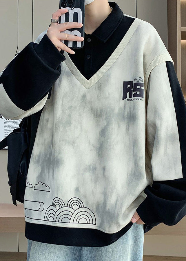 Cotton Button Black Mens Sweatshirts Patchwork Print Chic Spring