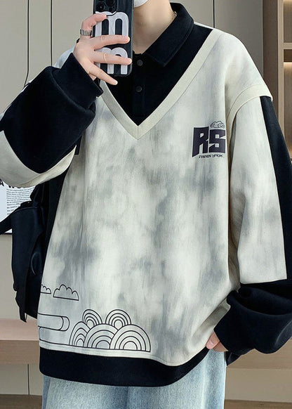 Cotton Button Black Mens Sweatshirts Patchwork Print Chic Spring