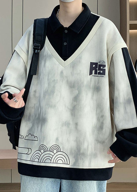 Cotton Button Black Mens Sweatshirts Patchwork Print Chic Spring