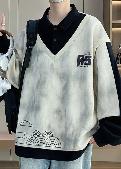 Cotton Button Black Mens Sweatshirts Patchwork Print Chic Spring