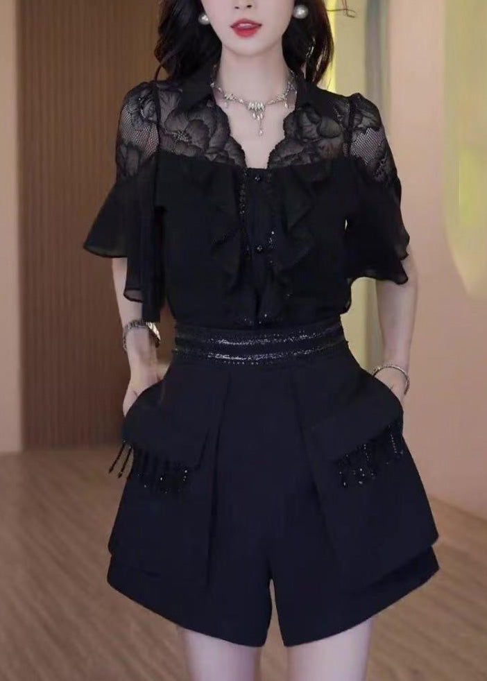 Outfits Patchwork Summer Black Two Piece Chic Set Ruffled Lace