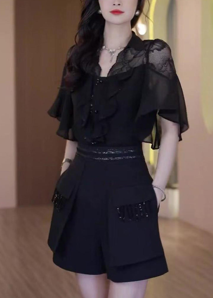Outfits Patchwork Summer Black Two Piece Chic Set Ruffled Lace