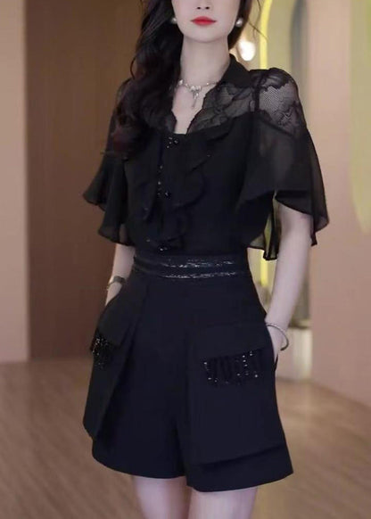 Outfits Patchwork Summer Black Two Piece Chic Set Ruffled Lace