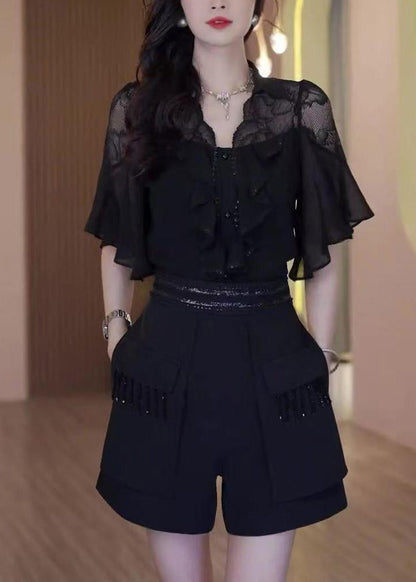 Outfits Patchwork Summer Black Two Piece Chic Set Ruffled Lace