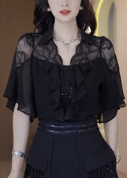 Outfits Patchwork Summer Black Two Piece Chic Set Ruffled Lace