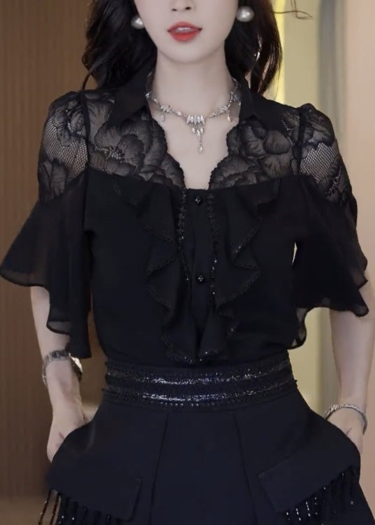 Outfits Patchwork Summer Black Two Piece Chic Set Ruffled Lace