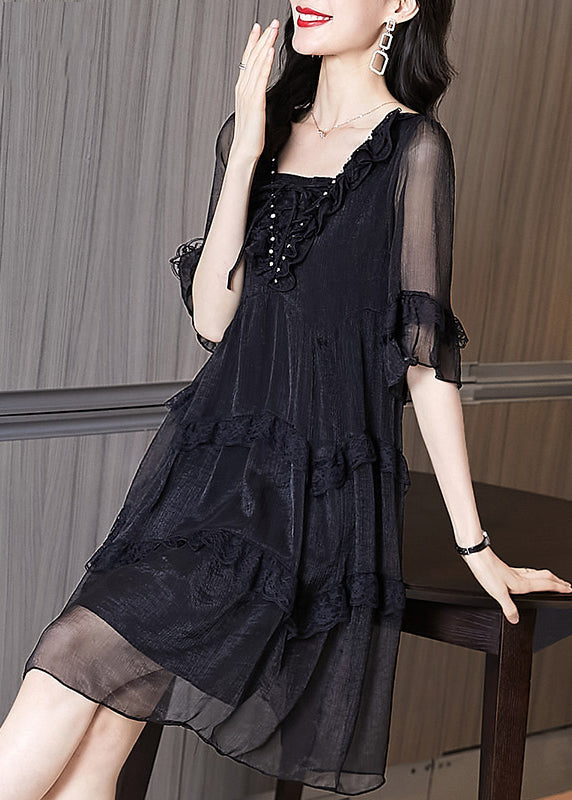 Chic Summer Chiffon Patchwork Ruffled Black Dress