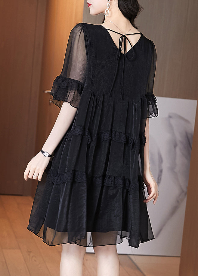 Chic Summer Chiffon Patchwork Ruffled Black Dress