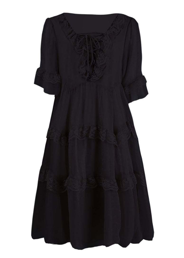 Chic Summer Chiffon Patchwork Ruffled Black Dress