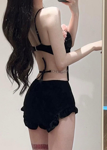 Chic Hollow Out Tulle Patchwork Black Ruffled Bodysuit