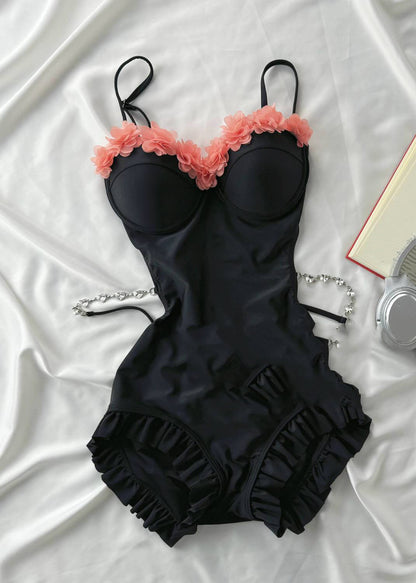 Chic Hollow Out Tulle Patchwork Black Ruffled Bodysuit