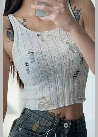 Black Sleeveless Knit Hollow Neck Tanks U Hole Chic Out