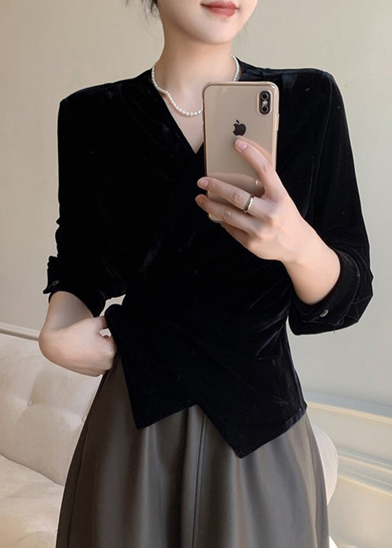 Waist Silk Shirt Neck V Spring Velvet Tie Chic Black