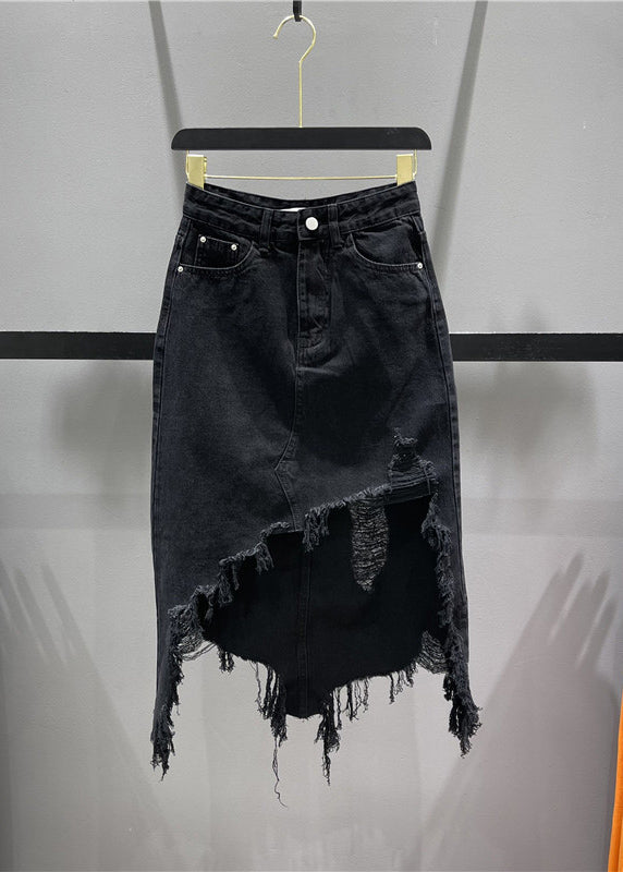 Blue Pockets Tassel Hole Asymmetrical Chic Denim Skirts