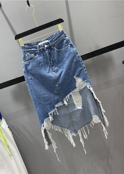 Blue Pockets Tassel Hole Asymmetrical Chic Denim Skirts