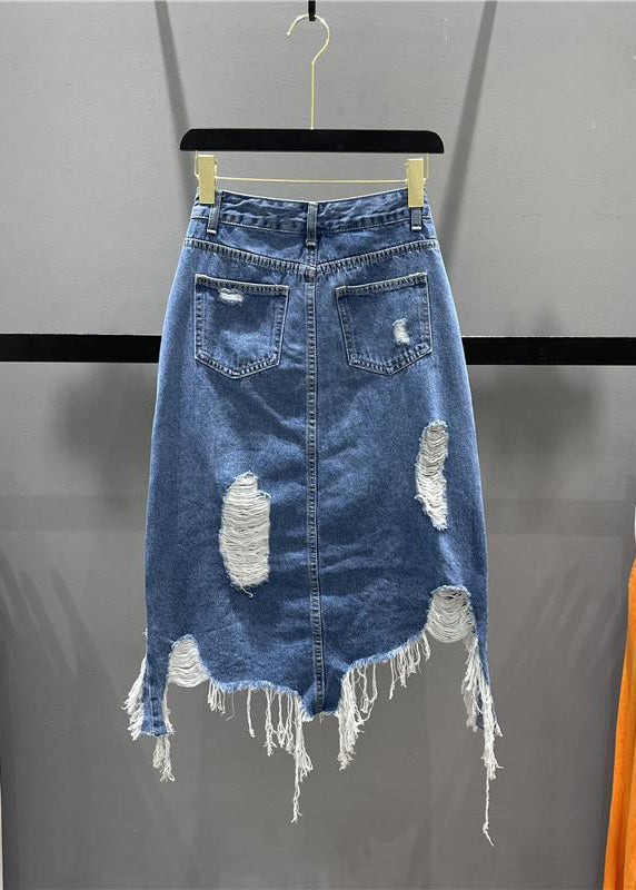 Blue Pockets Tassel Hole Asymmetrical Chic Denim Skirts