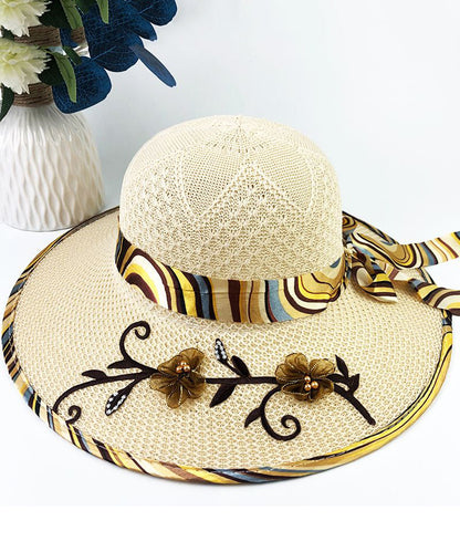 Patchwork Bow Nail Floral Bead Hat Sun Chic Blue