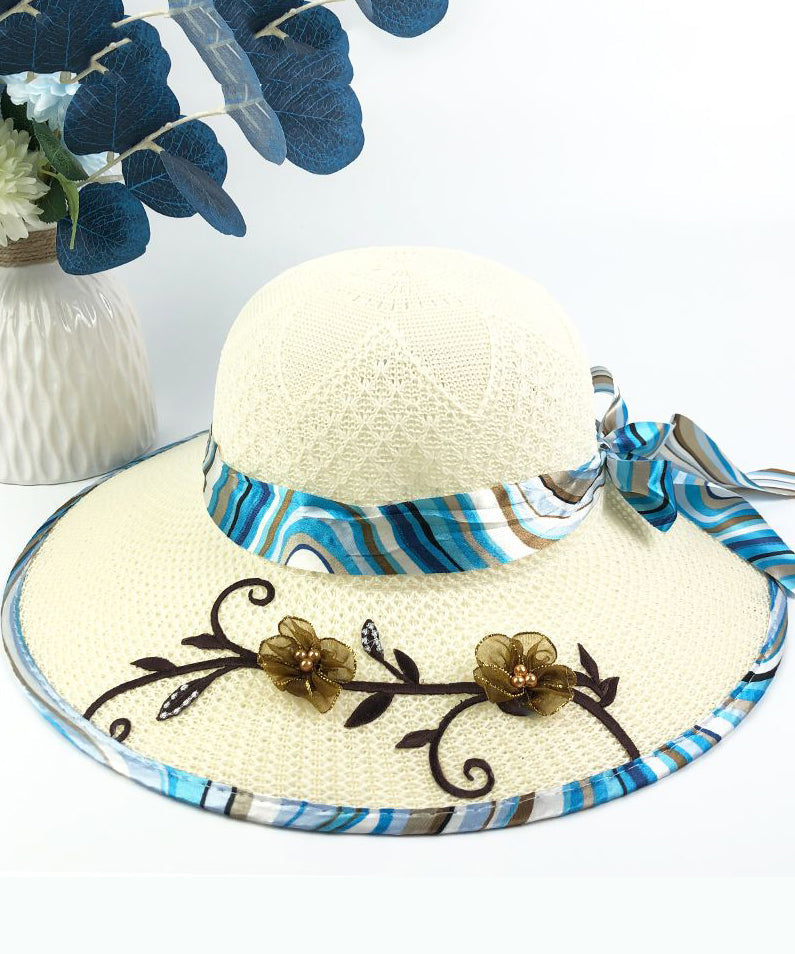 Patchwork Bow Nail Floral Bead Hat Sun Chic Blue