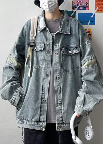 Button Chic Coats Spring Blue TC046 Patchwork Mens Pockets