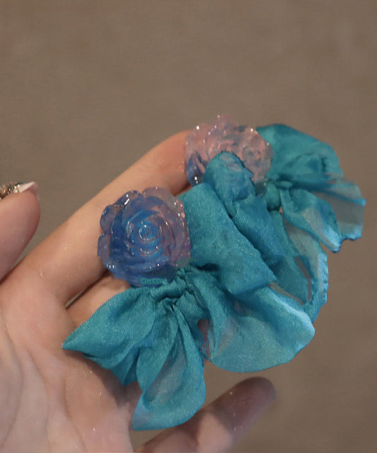 Patchwork Chic Hoop Floral Blue Bow Resin Chiffon Earrings
