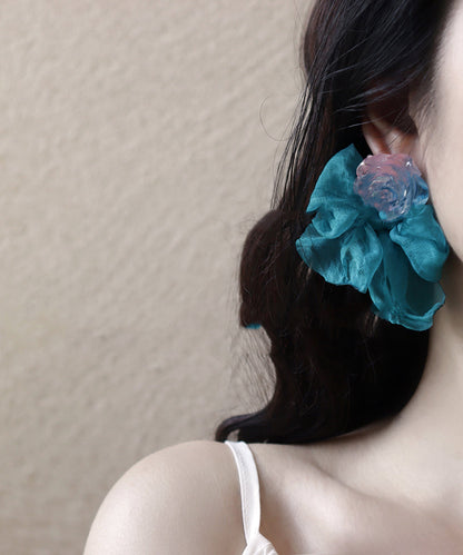 Patchwork Chic Hoop Floral Blue Bow Resin Chiffon Earrings
