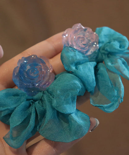 Patchwork Chic Hoop Floral Blue Bow Resin Chiffon Earrings