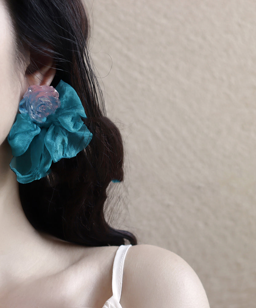 Patchwork Chic Hoop Floral Blue Bow Resin Chiffon Earrings