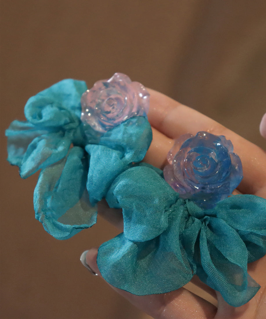 Patchwork Chic Hoop Floral Blue Bow Resin Chiffon Earrings
