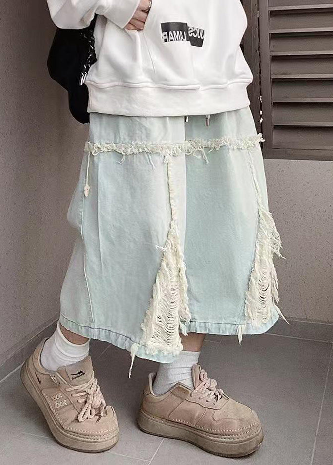 Men Blue Shorts Chic Hole Summer Denim Elastic Waist