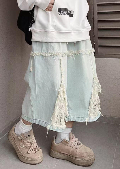 Men Blue Shorts Chic Hole Summer Denim Elastic Waist