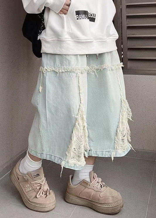 Men Blue Shorts Chic Hole Summer Denim Elastic Waist