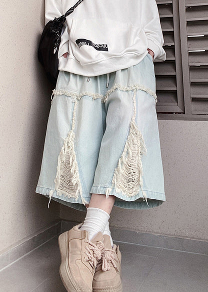 Men Blue Shorts Chic Hole Summer Denim Elastic Waist