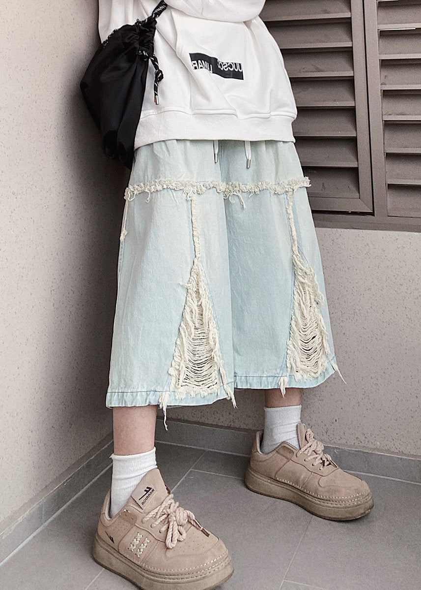 Men Blue Shorts Chic Hole Summer Denim Elastic Waist