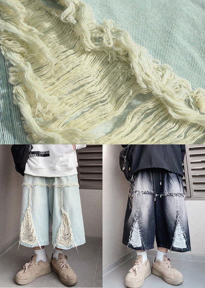 Men Blue Shorts Chic Hole Summer Denim Elastic Waist