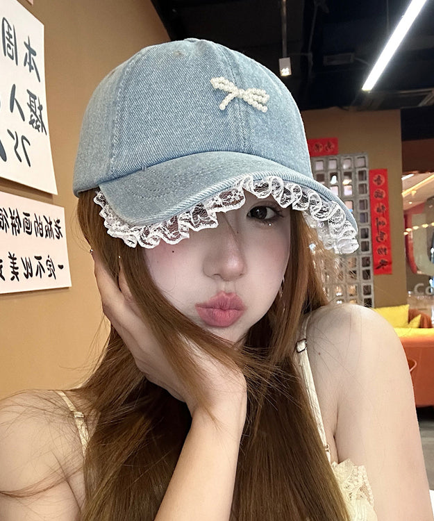 Chic Lace Bow Denim Bead Baseball Blue Patchwork Hat Cap