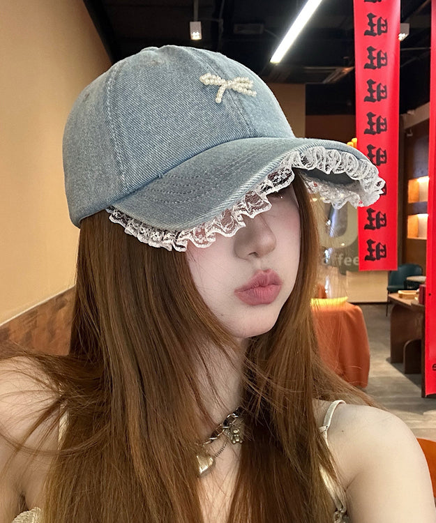 Chic Lace Bow Denim Bead Baseball Blue Patchwork Hat Cap