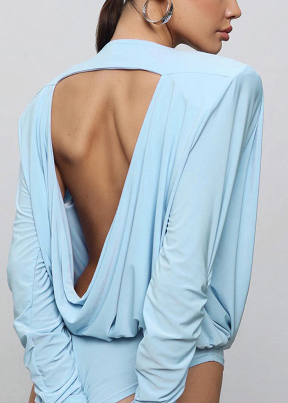 Chic Bodysuit Blue Fall Backless O-Neck
