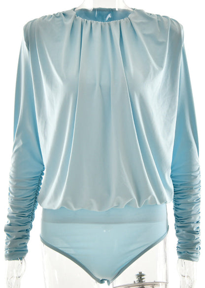 Chic Bodysuit Blue Fall Backless O-Neck