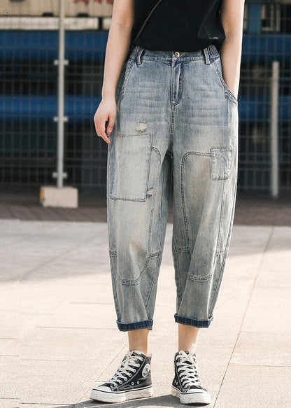 Blue Pants Chic Summer Oversized Patchwork Applique Denim Ripped