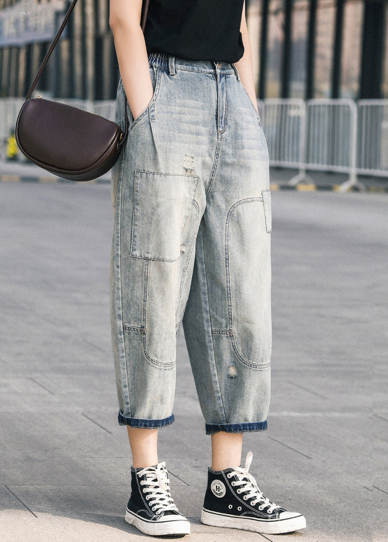 Blue Pants Chic Summer Oversized Patchwork Applique Denim Ripped