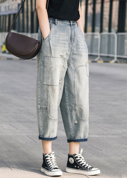 Blue Pants Chic Summer Oversized Patchwork Applique Denim Ripped