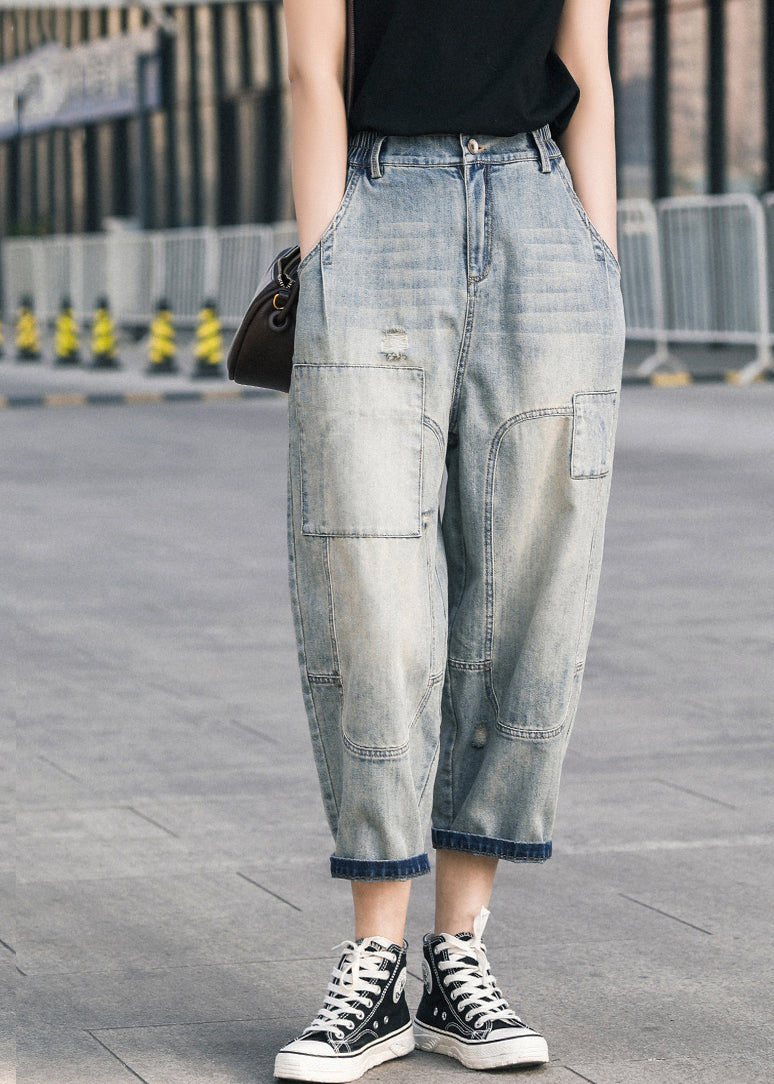 Blue Pants Chic Summer Oversized Patchwork Applique Denim Ripped