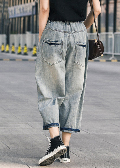 Blue Pants Chic Summer Oversized Patchwork Applique Denim Ripped
