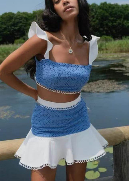 Piece Two Butterfly Sleeve Chic Cotton Set Blue Patchwork Outfits